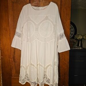 Ya-Man Womens Medium | Elegant White Lace Bell Sleeve Dress Romantic Midi